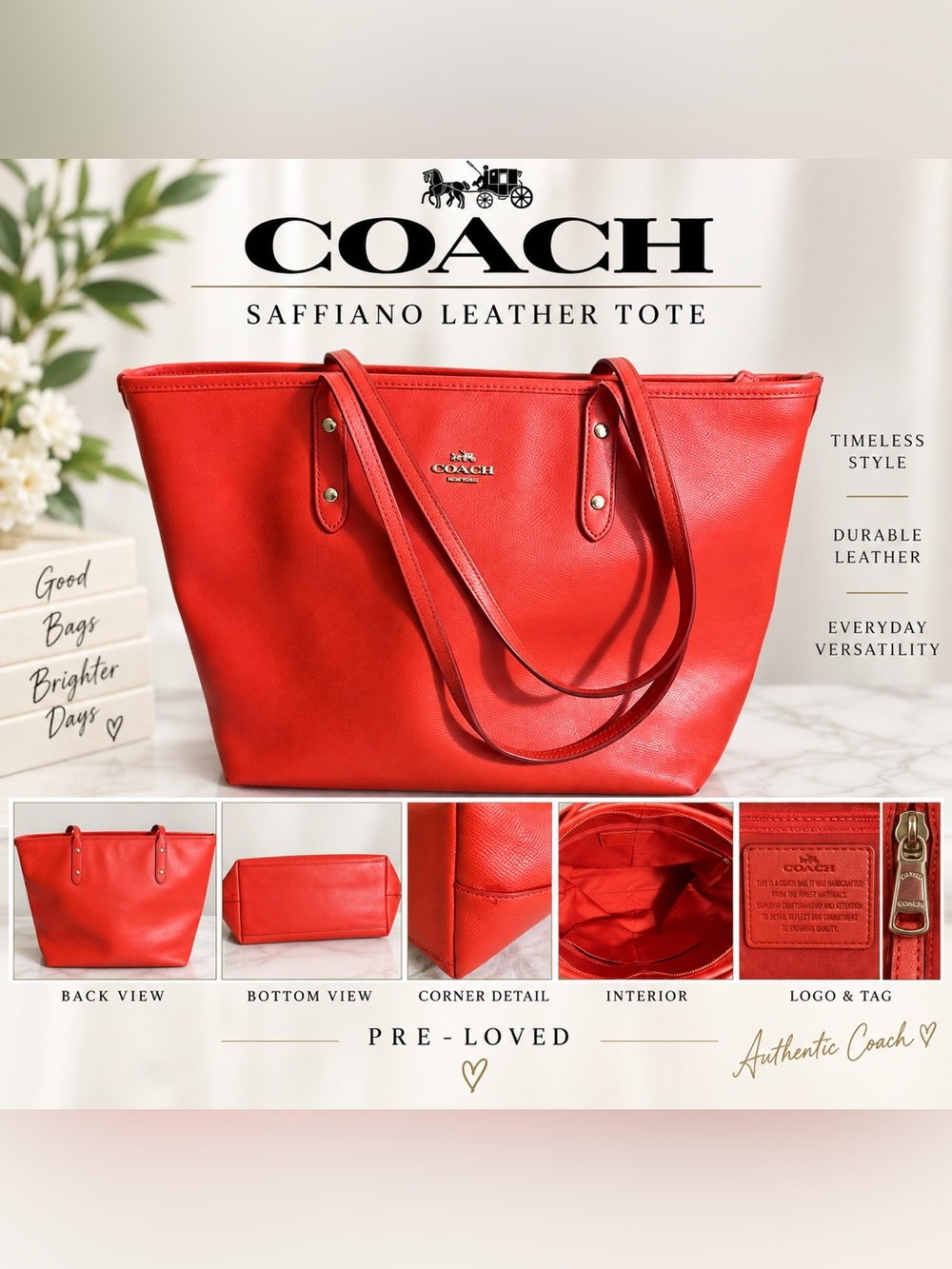 Coach Red Coral Saffiano Leather Zip Top Tote Shoulder Bag
